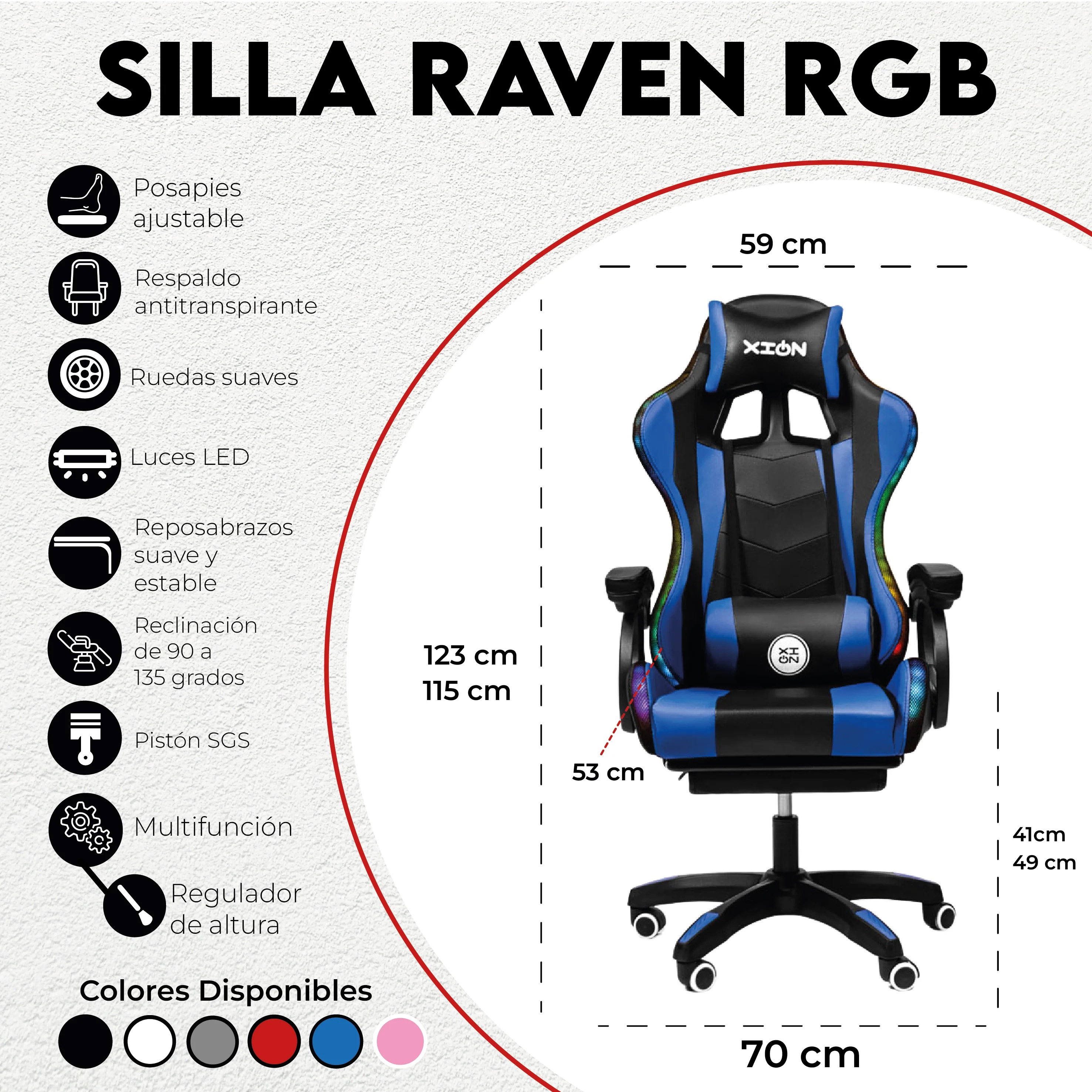 Silla Gamer con LUCES Ergonómica RAVEN RGB XION 135° con Masajeador Lumbar & Posapies Azul