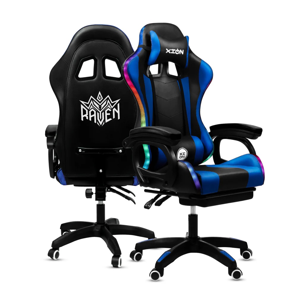 Silla Gamer con LUCES Ergonómica RAVEN RGB XION 135° con Masajeador Lumbar & Posapies Azul