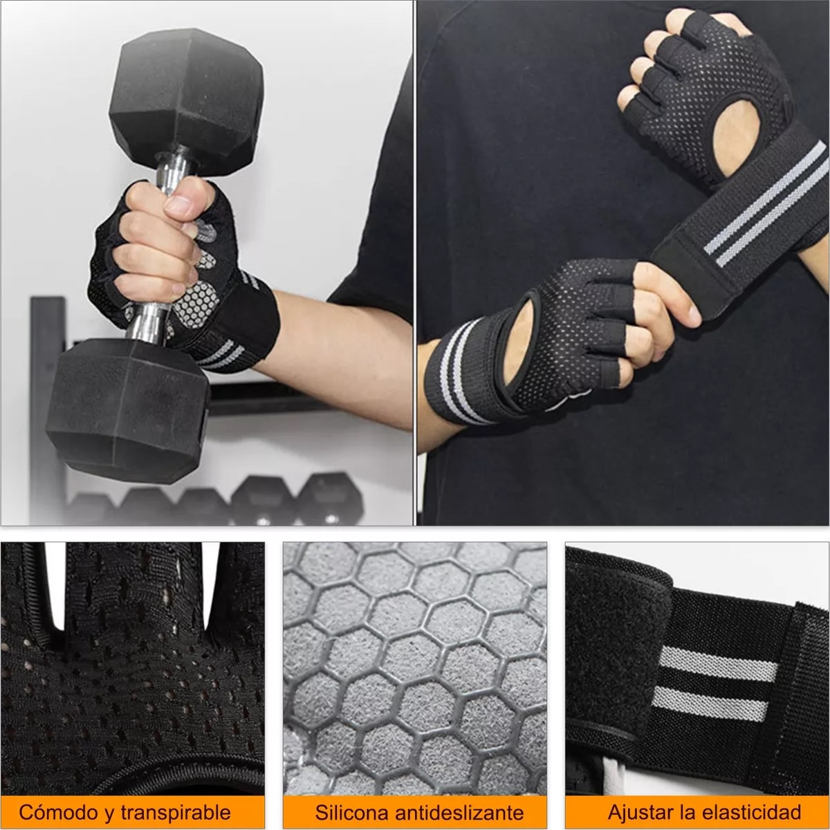 Guantes Para Gym Pesas Deportivos Muñequeras  Negro S