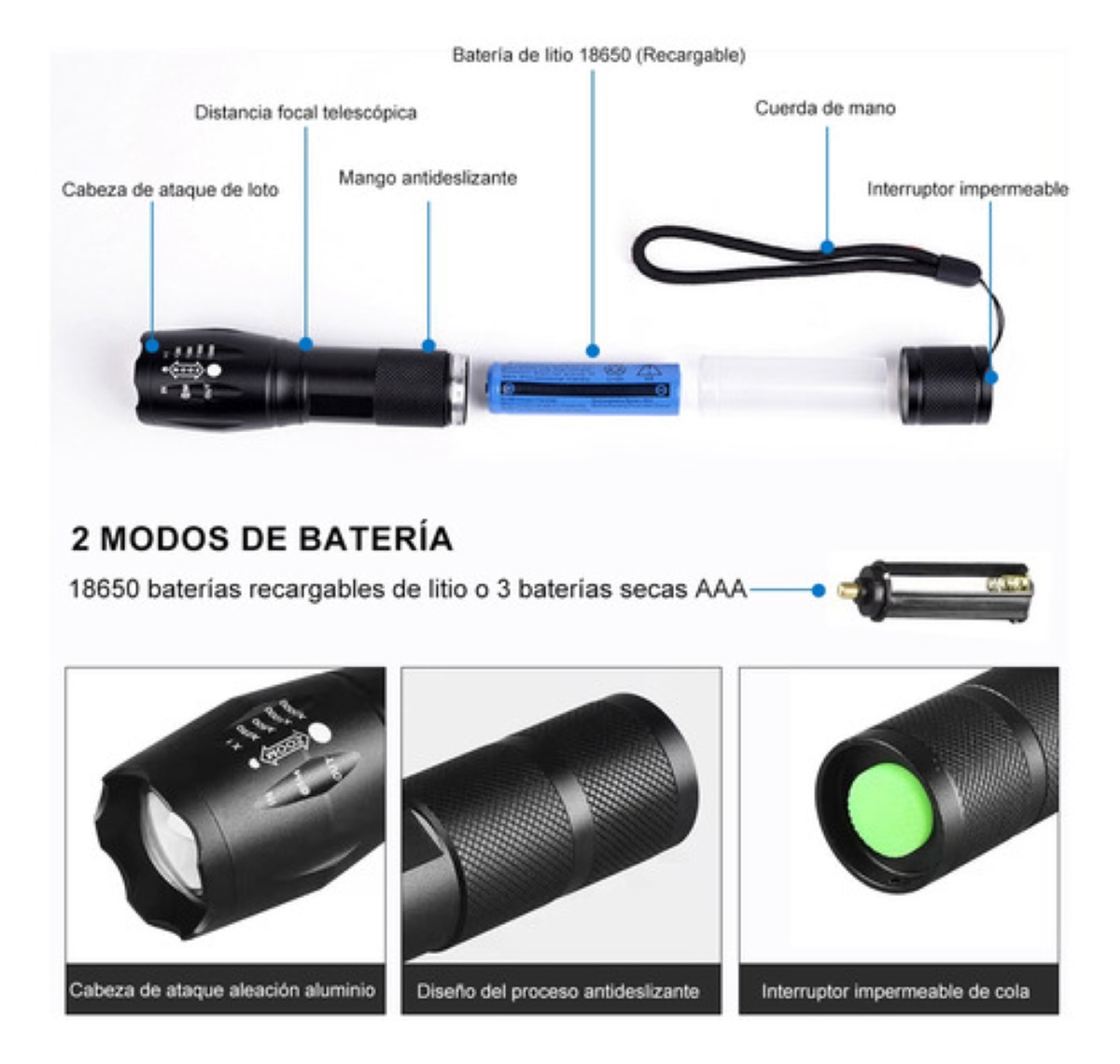 Linterna Led Recargable 4000lm Con 5 Modos Y Zoo 2 pzas NEGRO