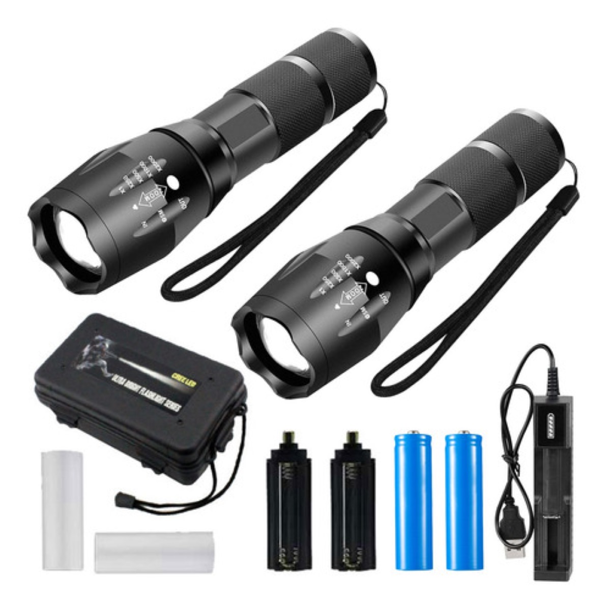 Linterna Led Recargable 4000lm Con 5 Modos Y Zoo 2 pzas NEGRO
