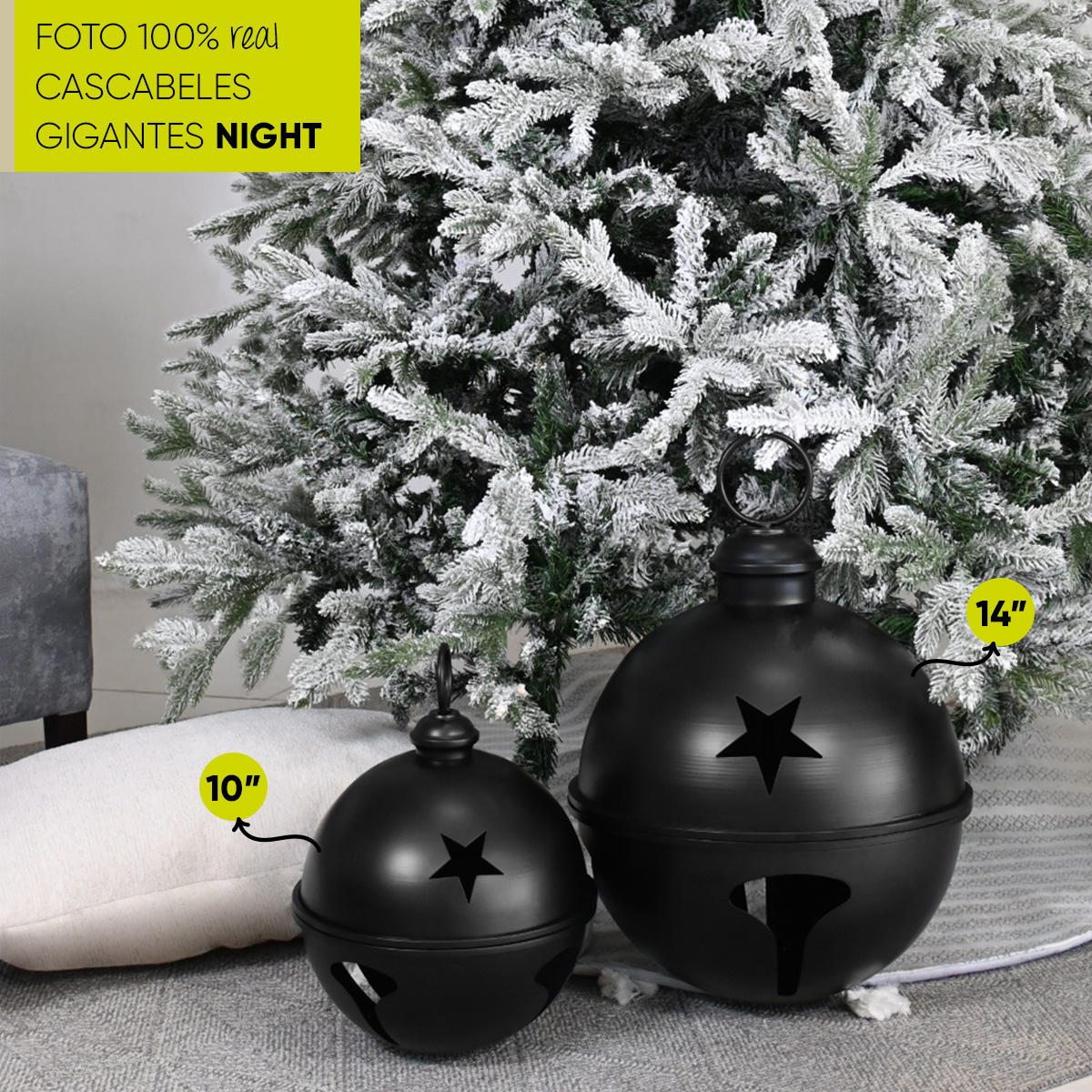Cascabeles navideños gigantes Set 2 piezas metal Pie de árbol centro de mesa decoración navidad Huge Christmas Jingle bells Night
