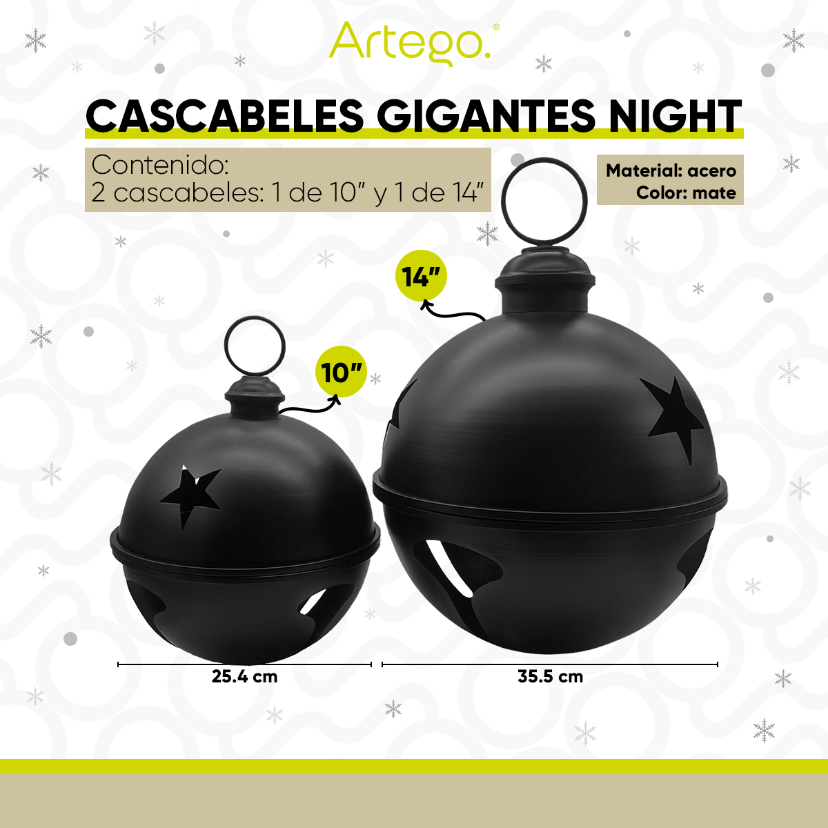 Cascabeles navideños gigantes Set 2 piezas metal Pie de árbol centro de mesa decoración navidad Huge Christmas Jingle bells Night