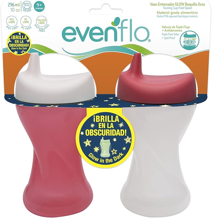 A Evenflo, Vaso Entrenador Glow Antiderrames, Boquilla Dura, Brilla en la Obscuridad