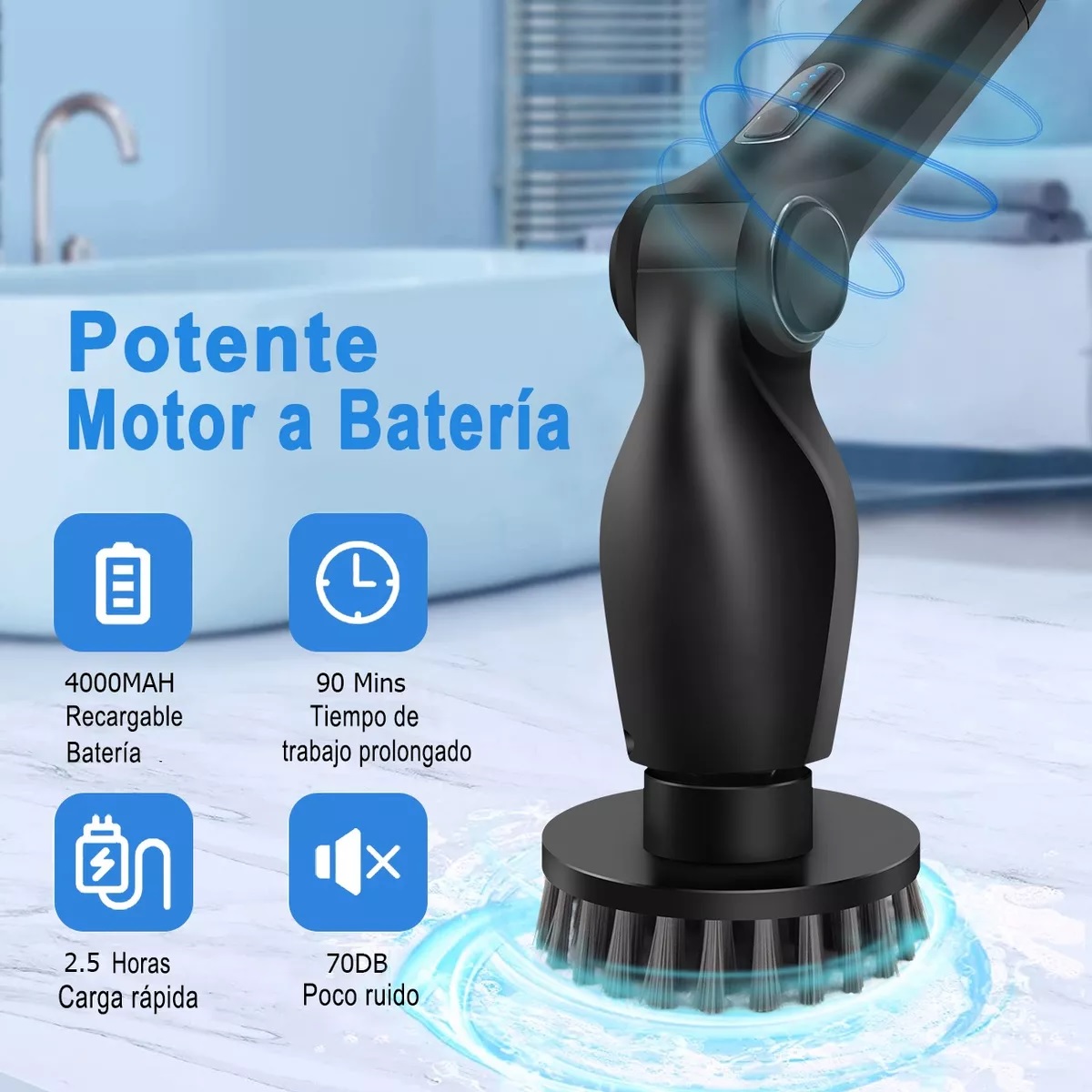 Cepillo De Limpieza Eléctrico Para Baño Y Cocina Recargable Negro