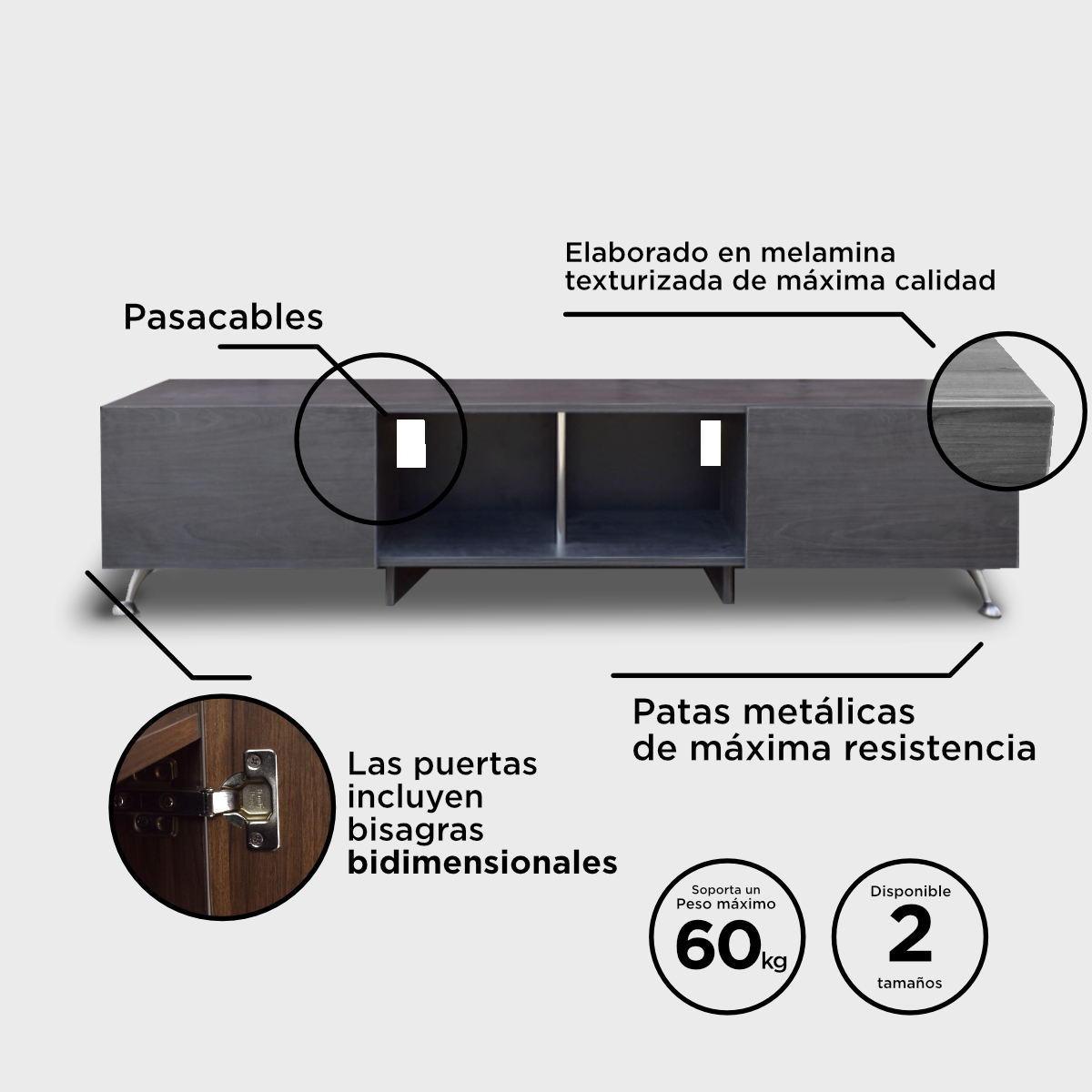  Mueble para TV de 90" London 200 mts  Minimalista y Practico Hogare Gris Storm 