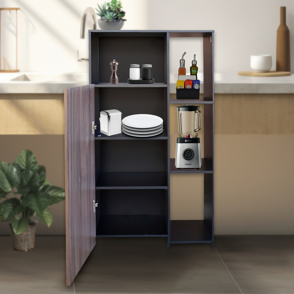 Hogare Mueble Alacena Despensero Organizador Practico Multiusos de melamina de alta resistencia con puerta y estantes Color Negro Parota