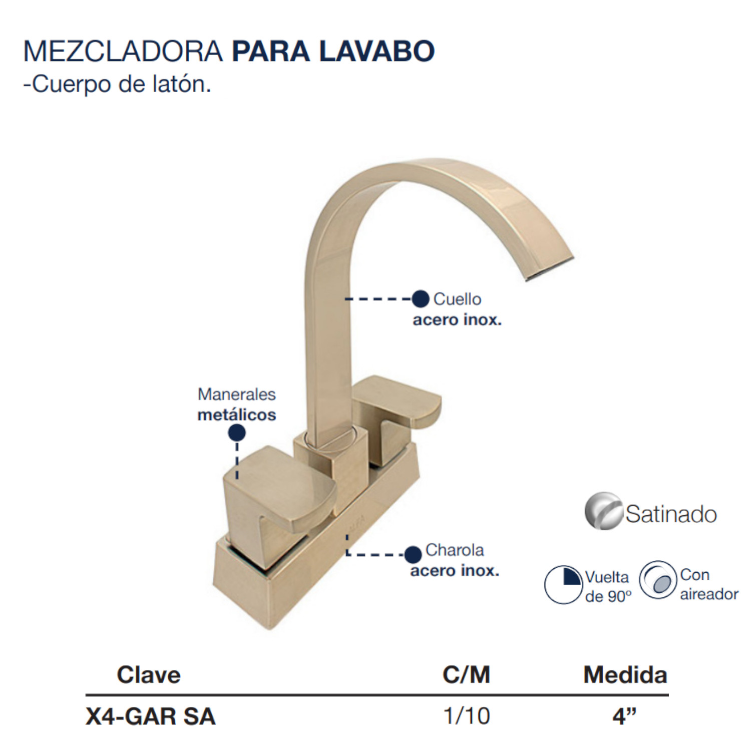 Mezcladora Para Tarja Cuerpo De Latón Manerales Garza Satín