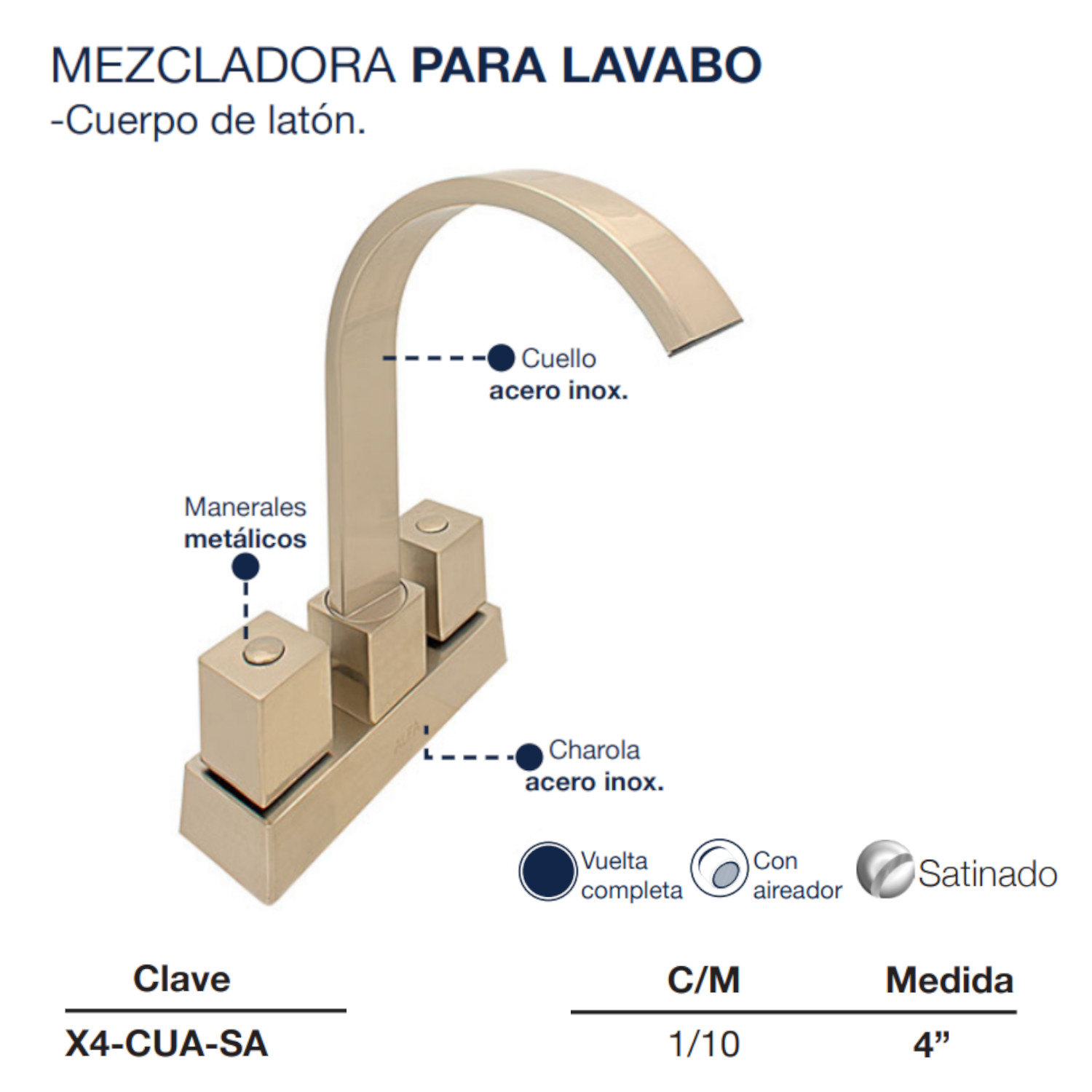 Llave Mezcladora Baño Lavabo Satinado Latón Maneral Cuadrado