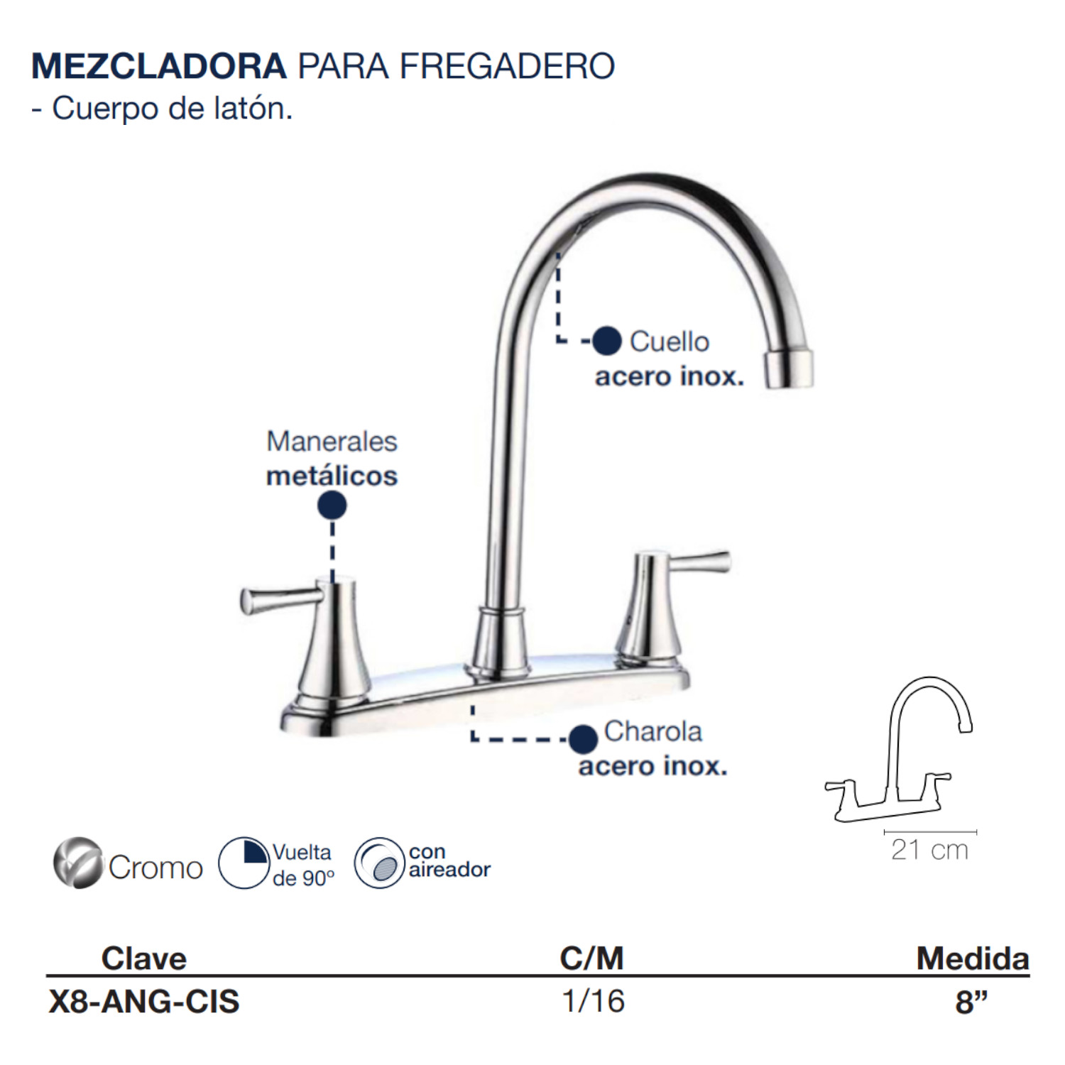 Llave Mezcladora Fregadero O Tarja Cocina Alfa Acero Inoxidable Cromada Manerales Cisne