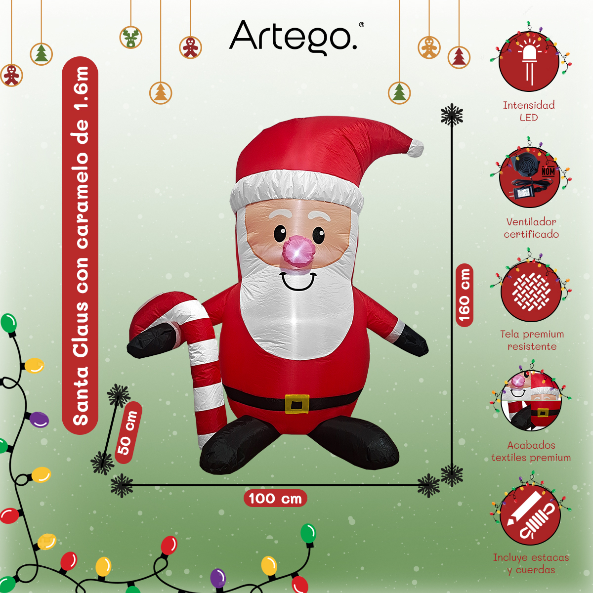 Inflable de navidad para exteriores Santa Claus con caramelo de 1.6m de alto con luces led Artego