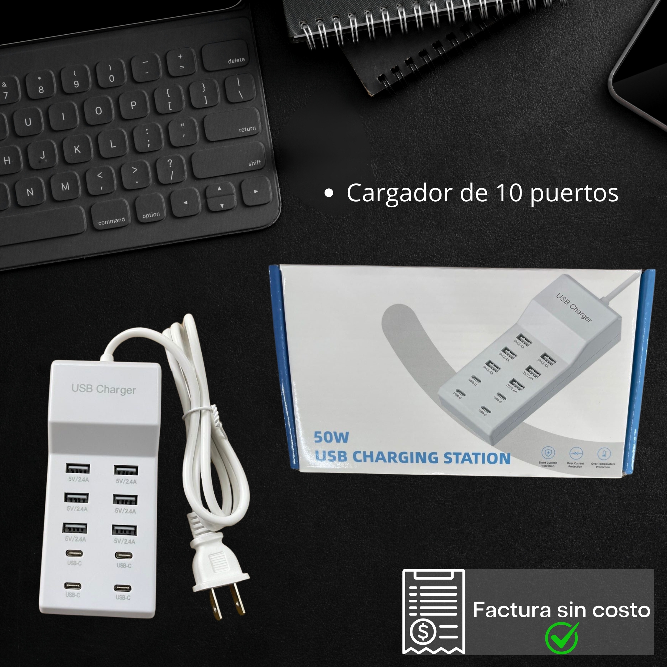 Cargador De Pared USB Y Tipo C Multi Contacto de 10 Puertos de 50 W