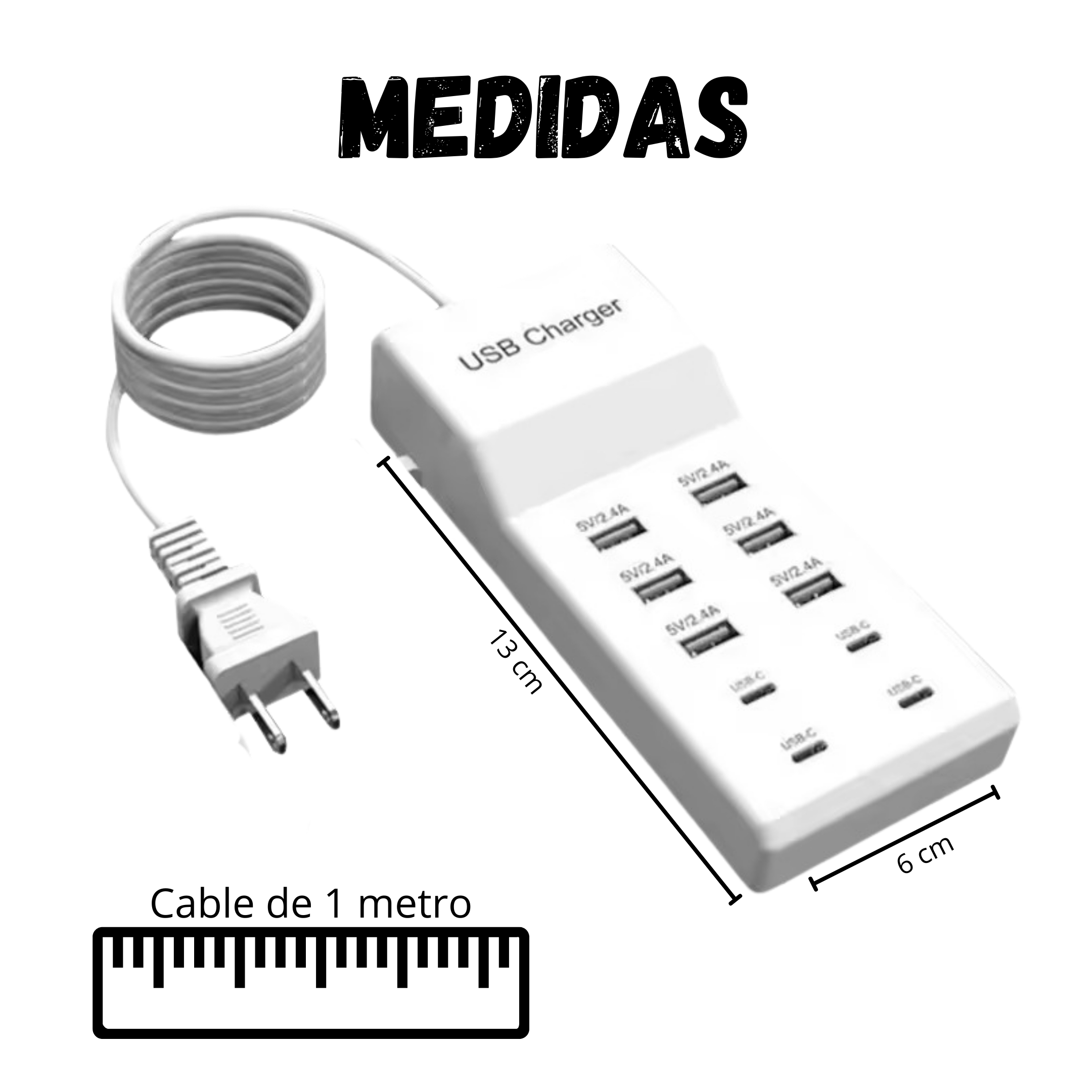 Cargador De Pared USB Y Tipo C Multi Contacto de 10 Puertos de 50 W