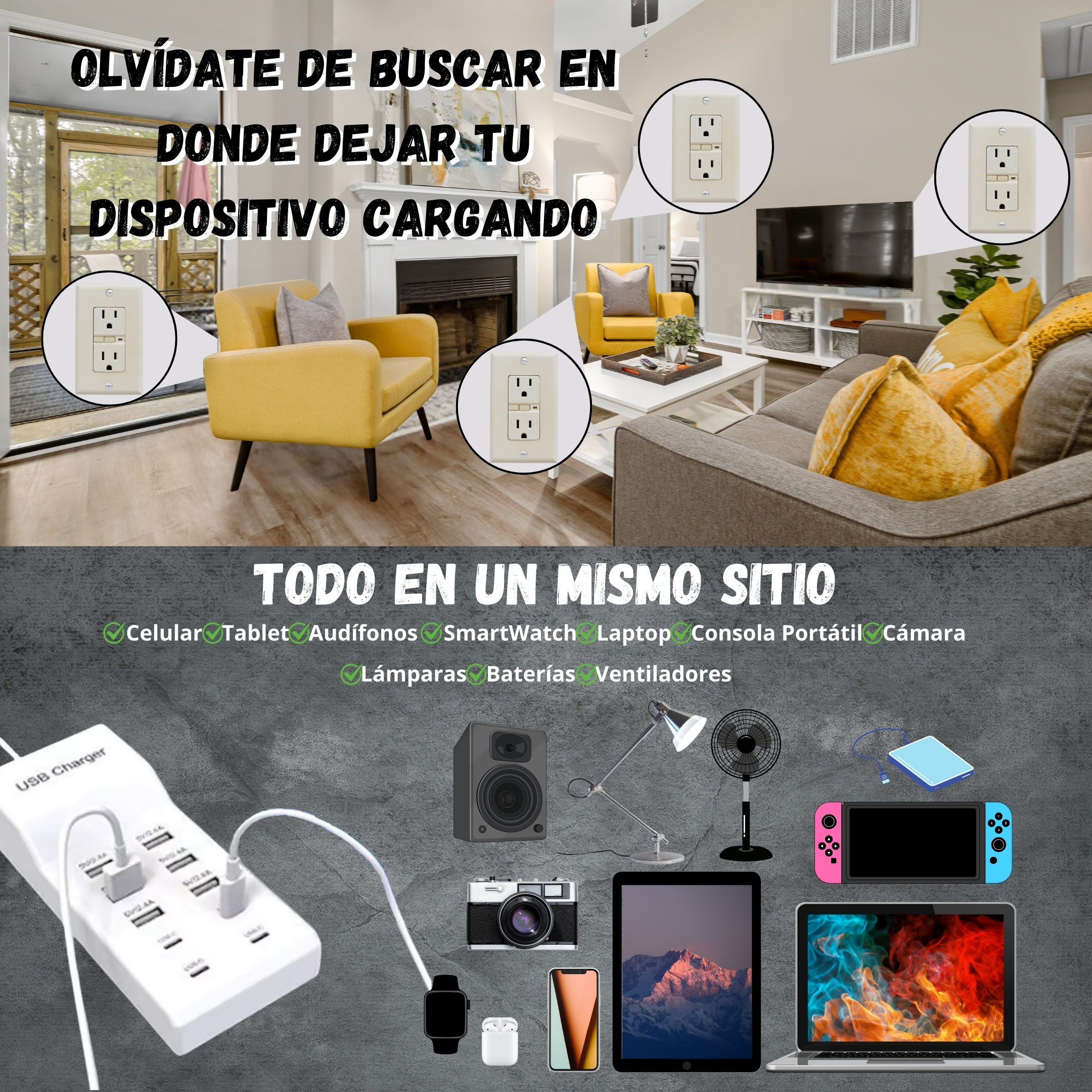 Cargador De Pared USB Y Tipo C Multi Contacto de 10 Puertos de 50 W