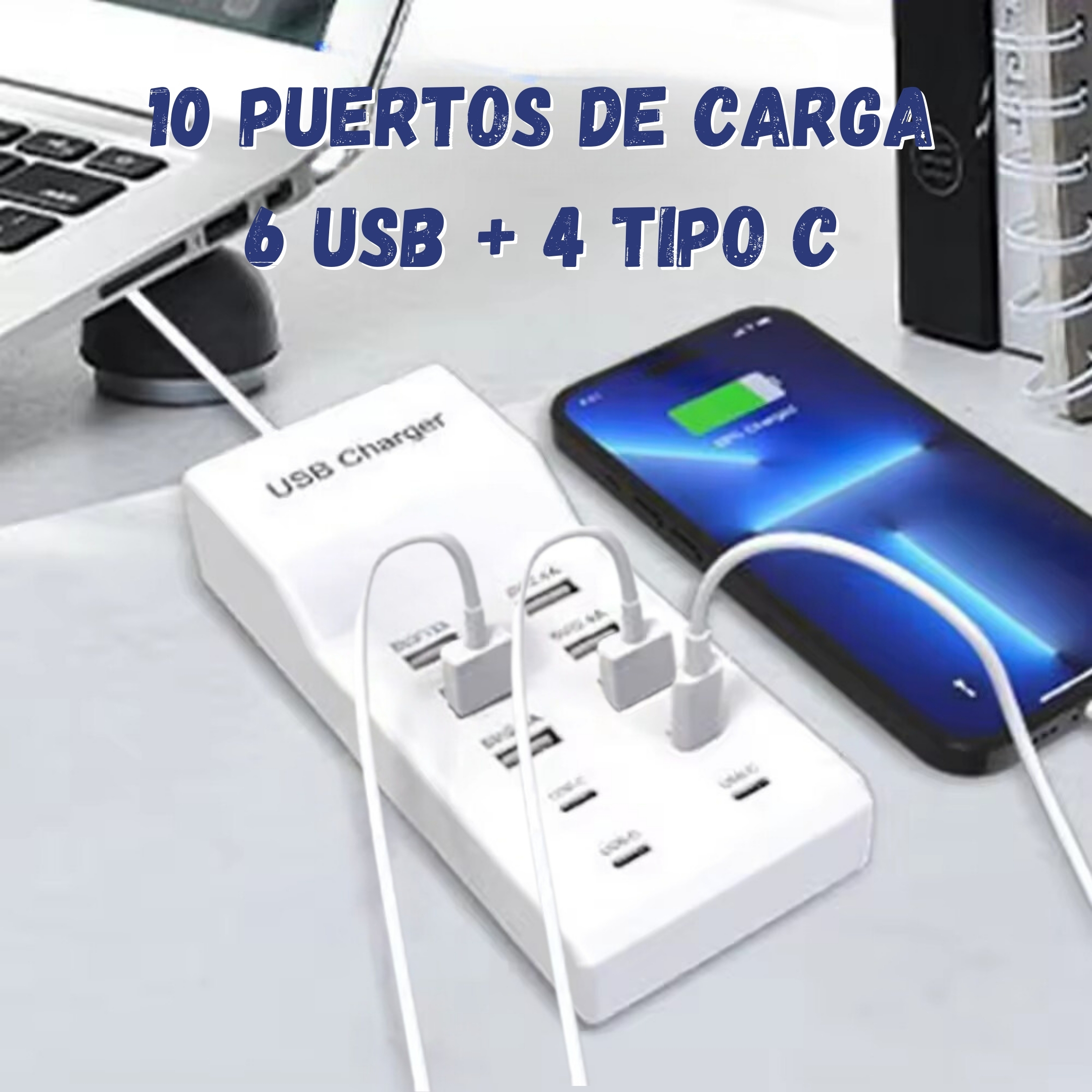 Cargador De Pared USB Y Tipo C Multi Contacto de 10 Puertos de 50 W
