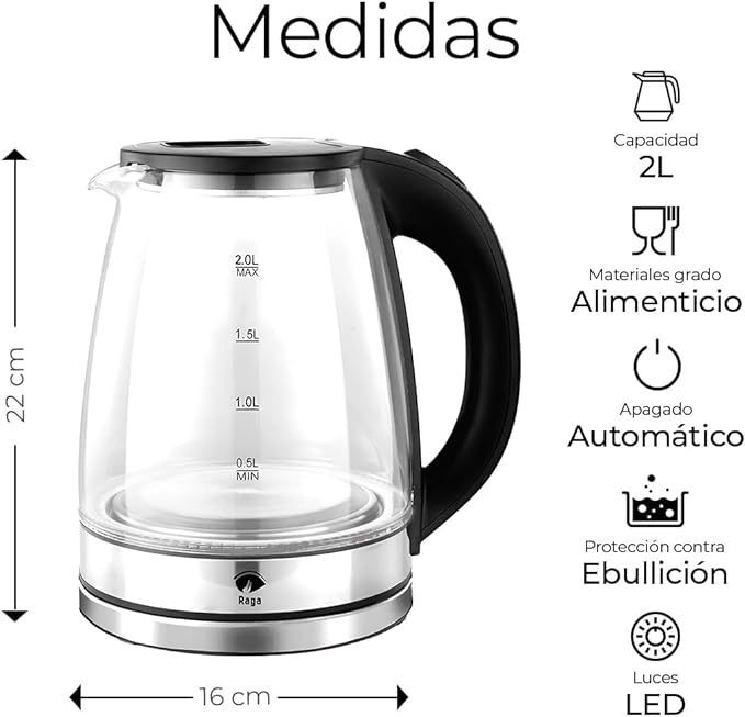 A Raganet, Tetera Eléctrica de Vidrio, Capacidad de 2L, Indicador de Encendido de Luz LED