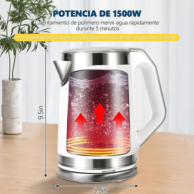 A Hervidor de Agua Eléctrico, Tetera Eléctrica, Jarra Inalámbrica, 2 Litros, 1500 W, 304 Acero Inoxidable, Resistente