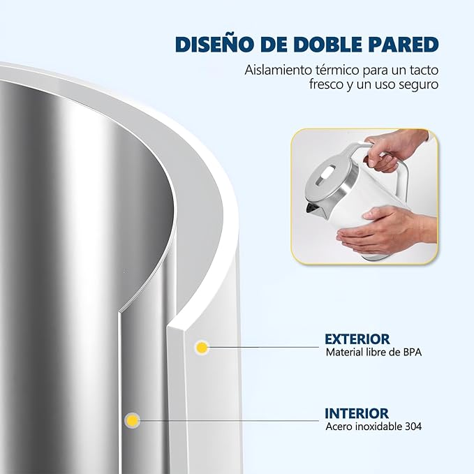 A Hervidor de Agua Eléctrico, Tetera Eléctrica, Jarra Inalámbrica, 2 Litros, 1500 W, 304 Acero Inoxidable, Resistente