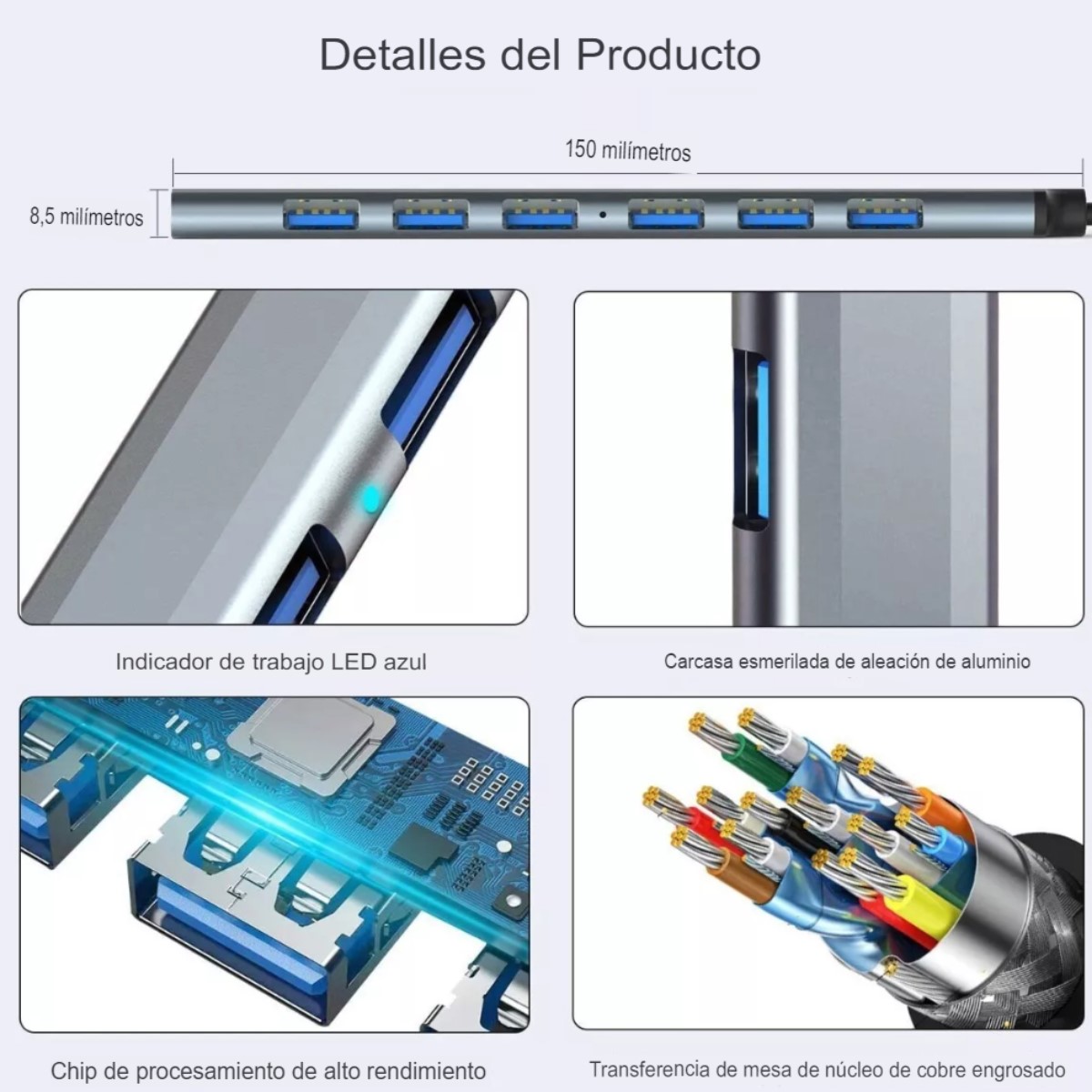 Hub Splitter Usb multicontacto Computadora Portatil Pc Macbook led gris memorias 3.0 2.0 7 en 1