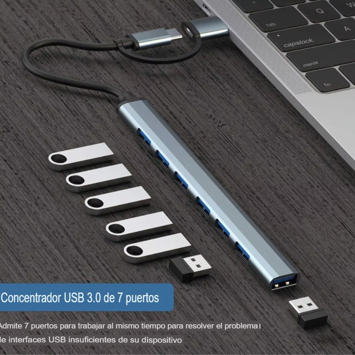Hub Splitter Usb multicontacto Computadora Portatil Pc Macbook led gris memorias 3.0 2.0 7 en 1