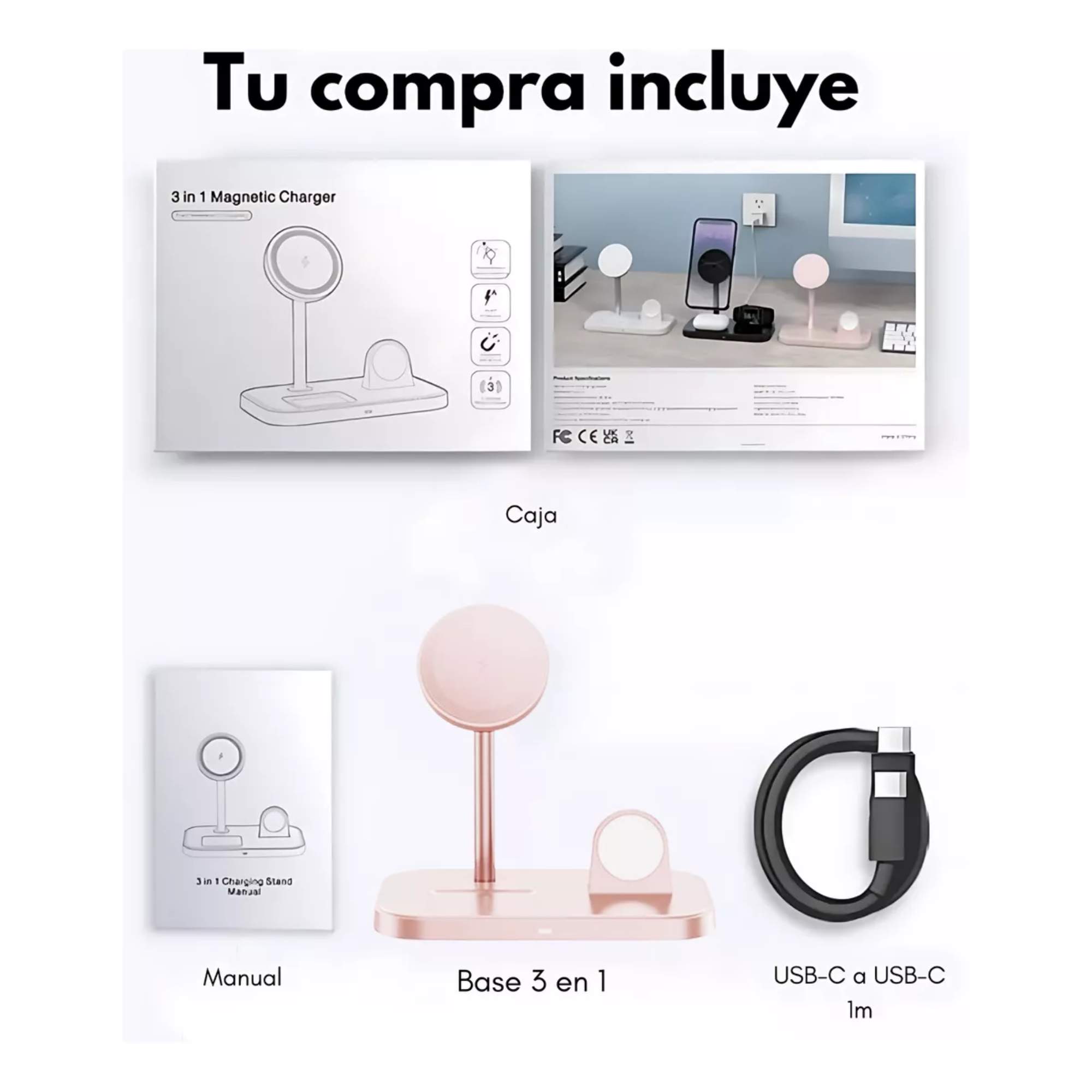 Base De Carga Inalámbrica 3 En 1 Para iPhone Magsafe Color Rosa