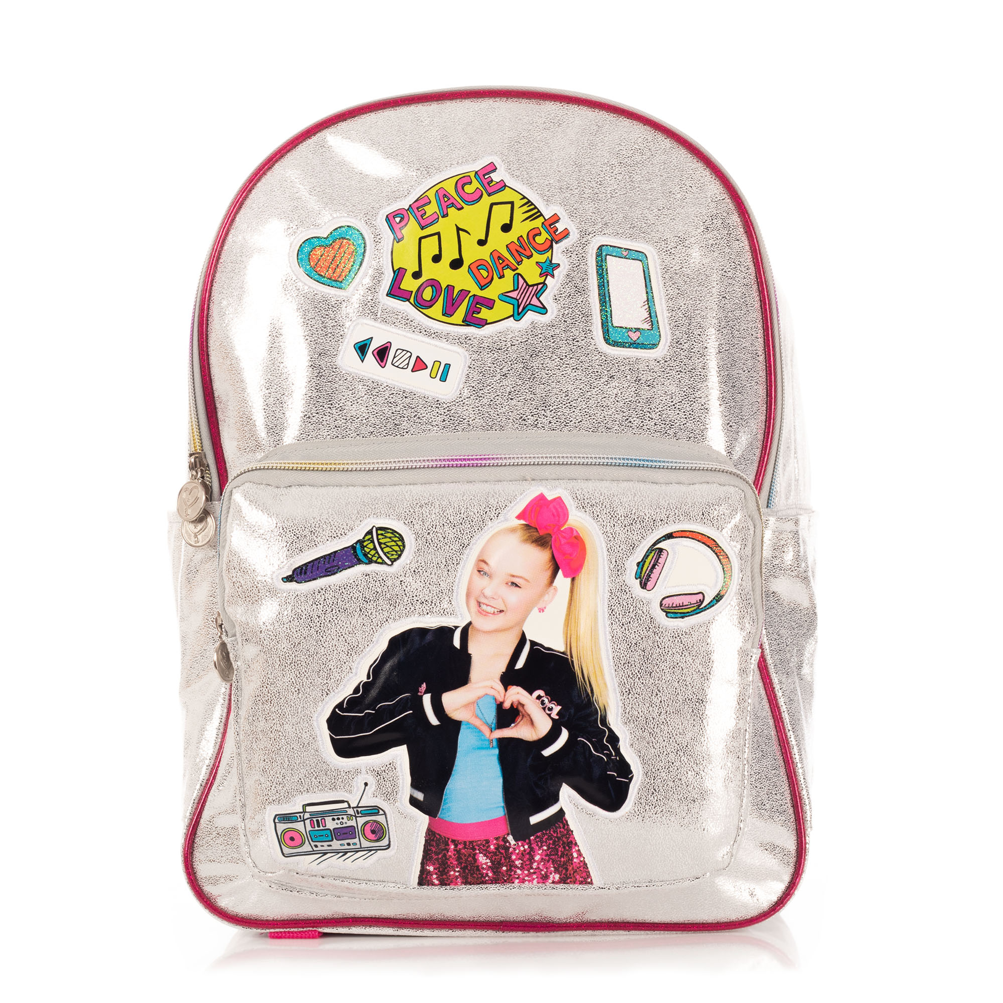 Mochila Escolar Jojo Siwa color plateado diseño estampado.
