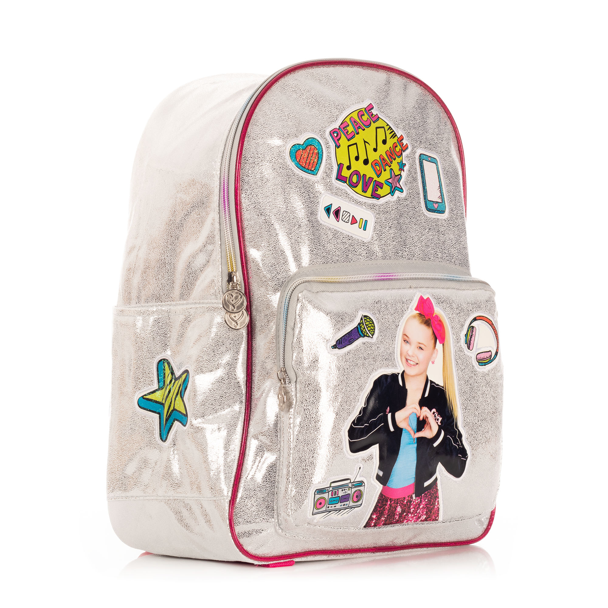 Mochila Escolar Jojo Siwa color plateado diseño estampado.