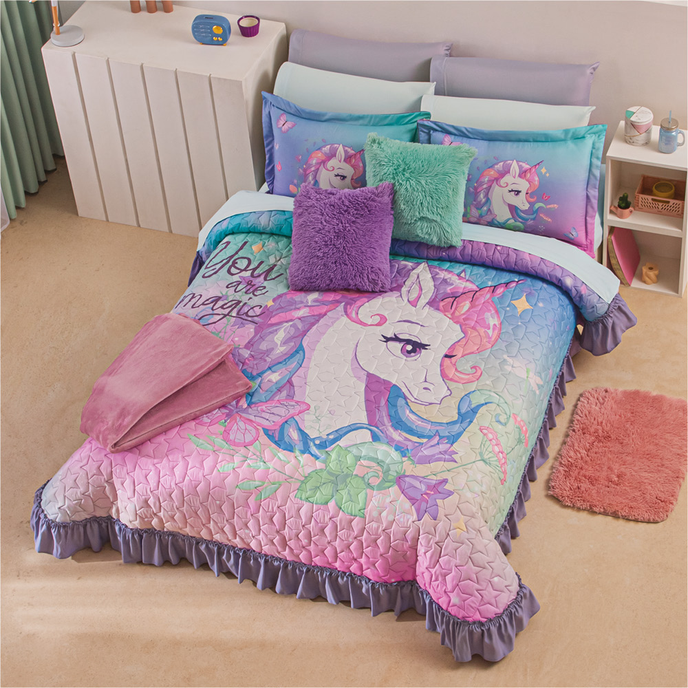 Colcha C/ Funda Unicornio Star Microfibra Individual Concord