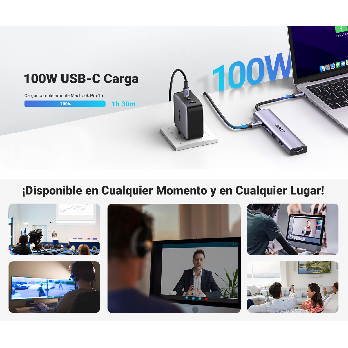 Adaptador Usb-c Hub 5 En 1, 1 Hdmi 4k, 3 Usb, 1 Type-c 100w