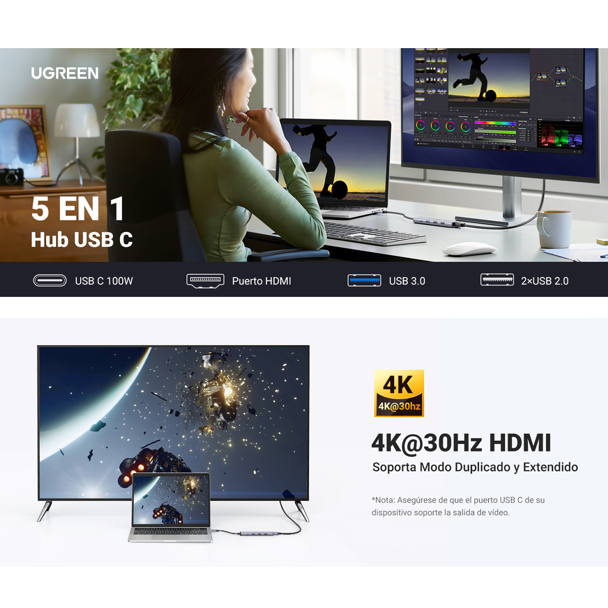 Adaptador Usb-c Hub 5 En 1, 1 Hdmi 4k, 3 Usb, 1 Type-c 100w