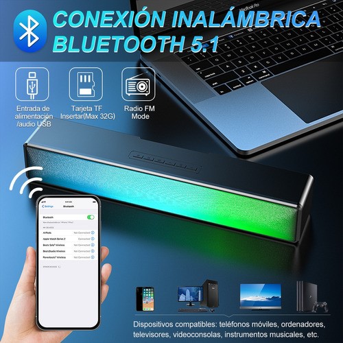 Bocina Bluetooth Con Subwoofer Con Luces Rgb Led Para Pc/tv