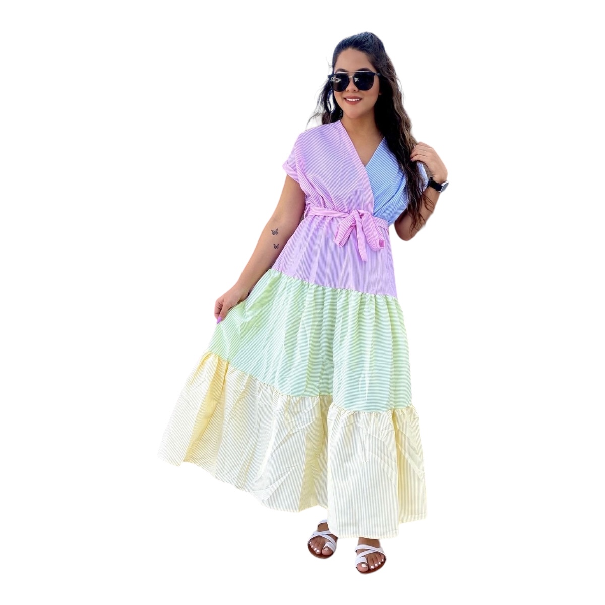 Maxi Vestido De Verado Tricolor Con Cinta