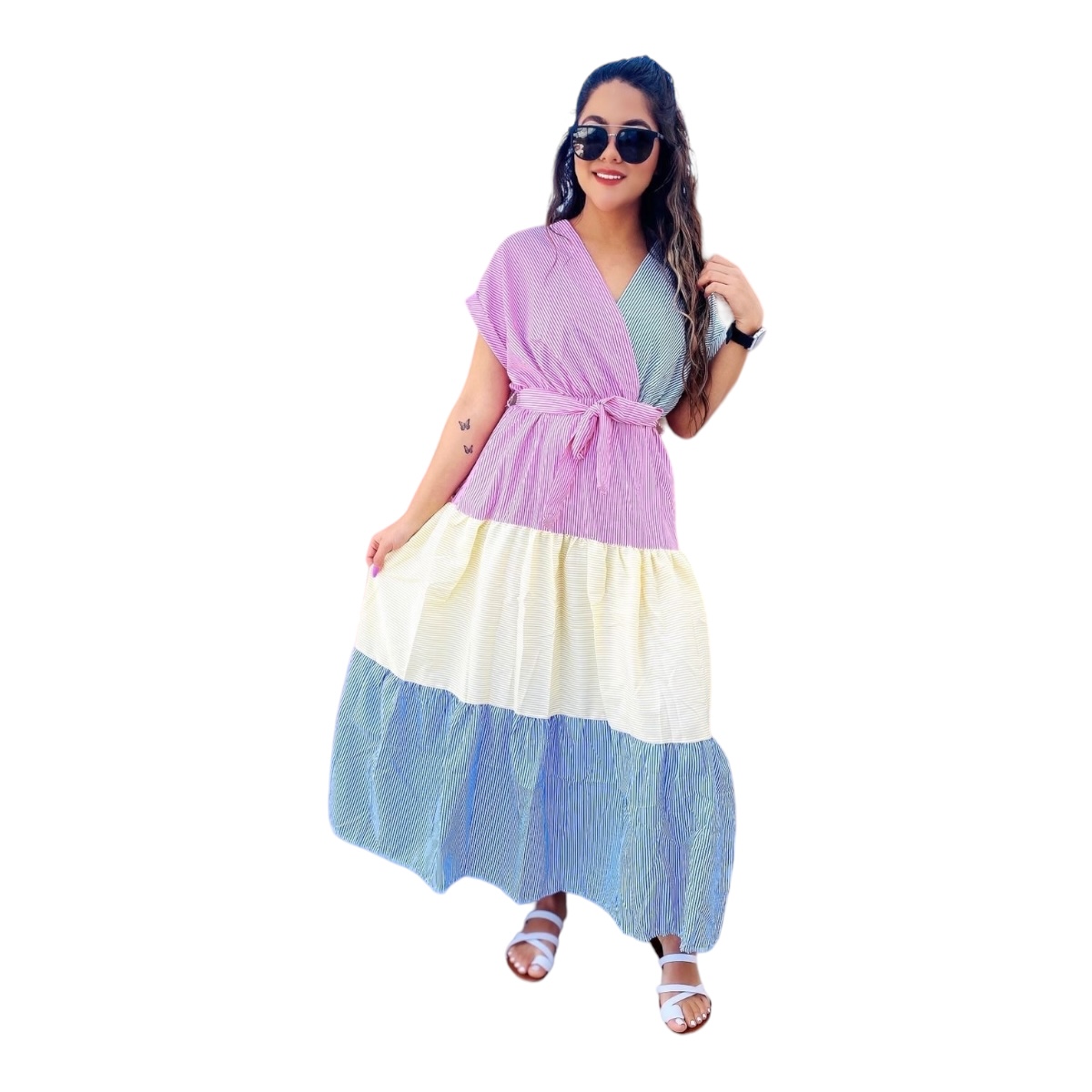 Maxi Vestido De Verado Tricolor Con Cinta