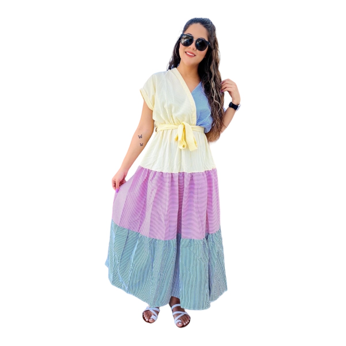 Maxi Vestido De Verado Tricolor Con Cinta