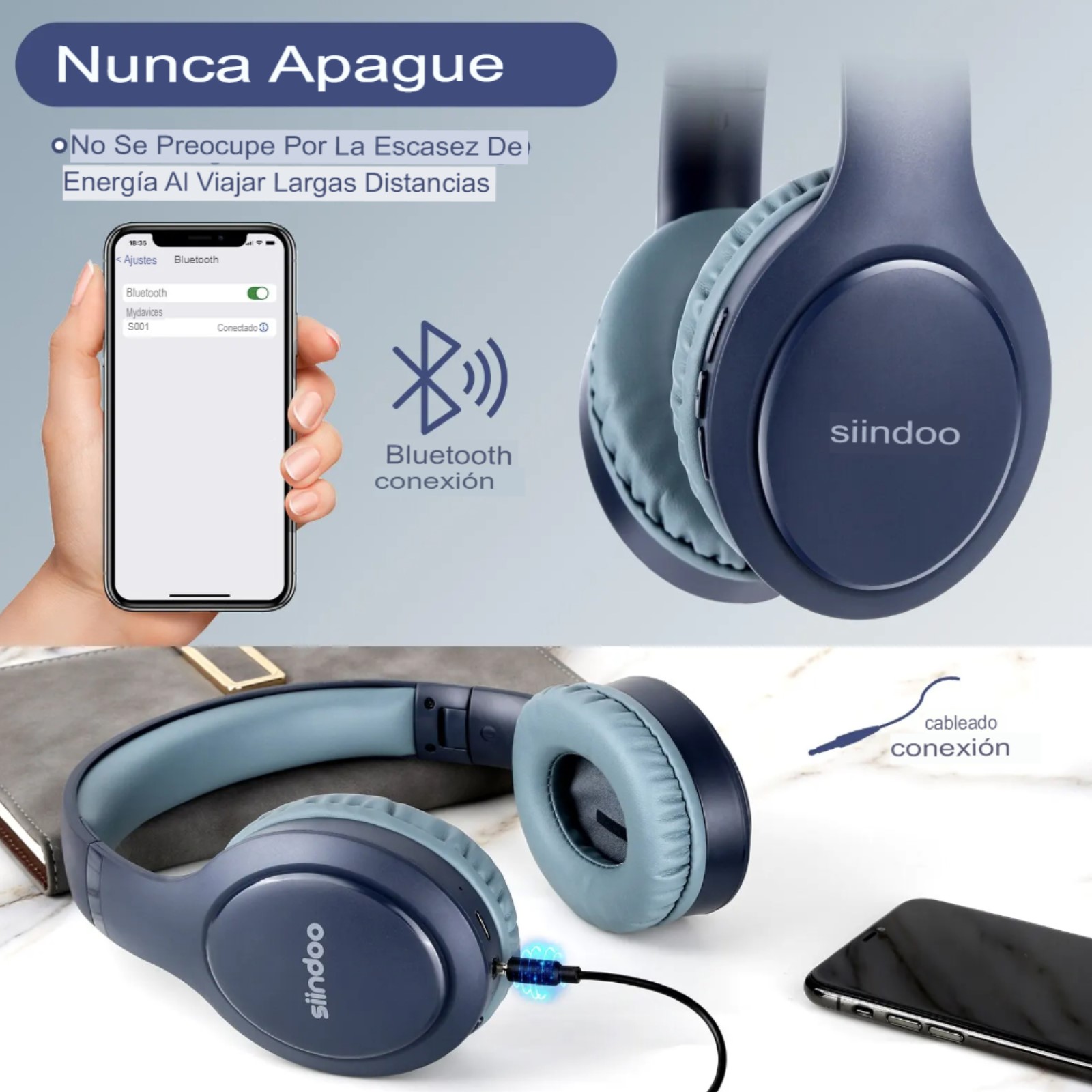 Audifonos inalámbricos Bluetooth estéreo plegables azul micrófono cancelación ruido supergraves cel