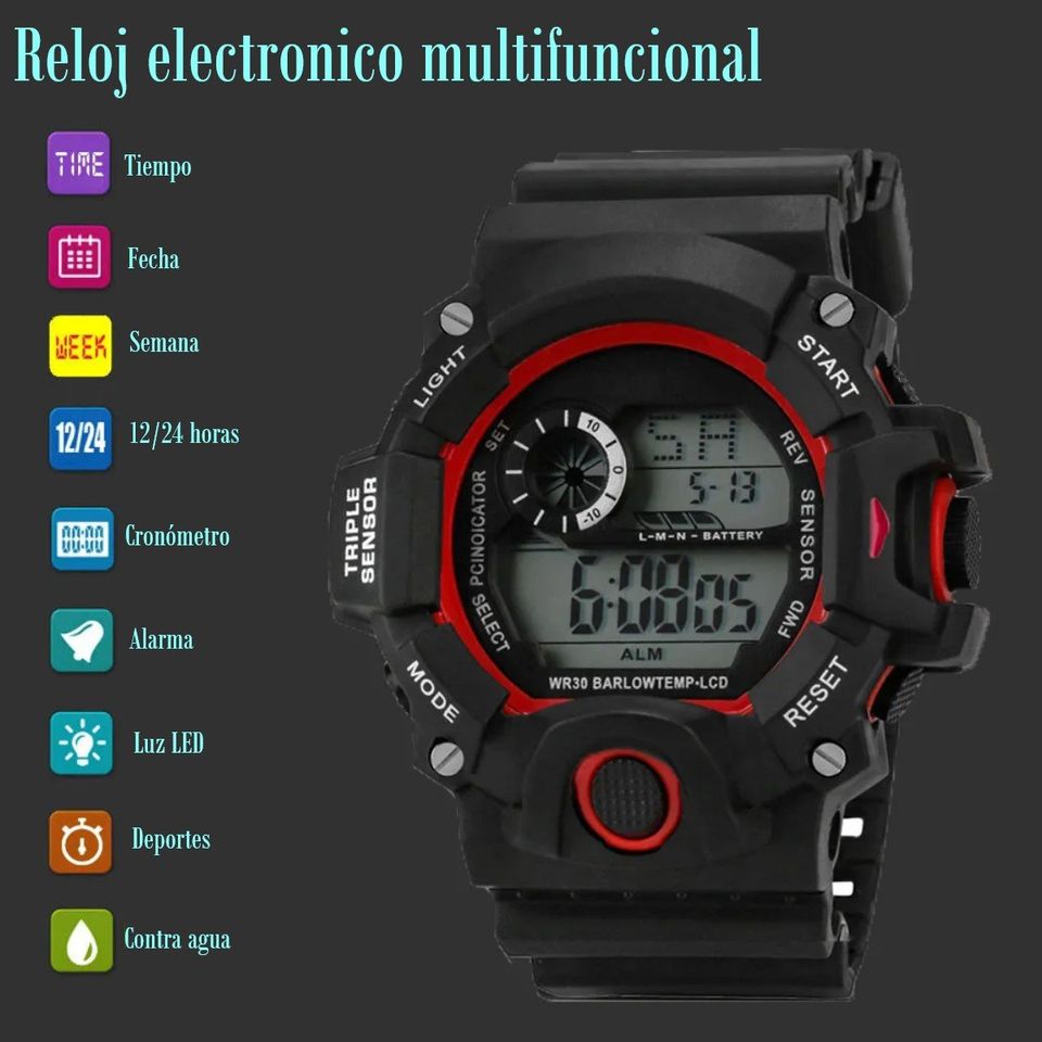 Reloj Digital LED azul negro deportivo multifunción militar luz alarma contra agua pulsera digital