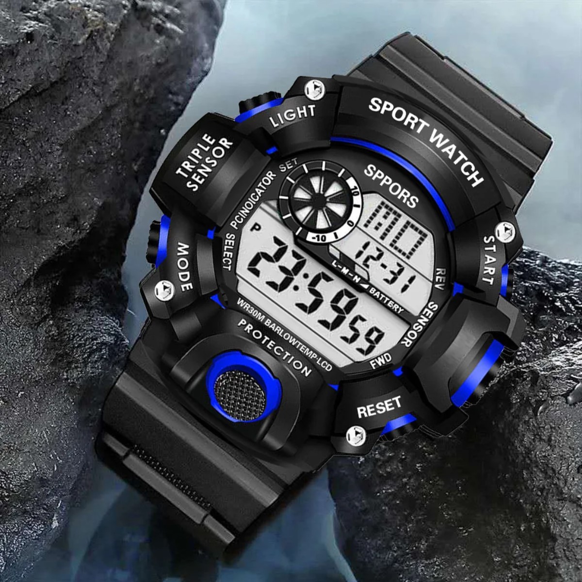Reloj Digital LED azul negro deportivo multifunción militar luz alarma contra agua pulsera digital