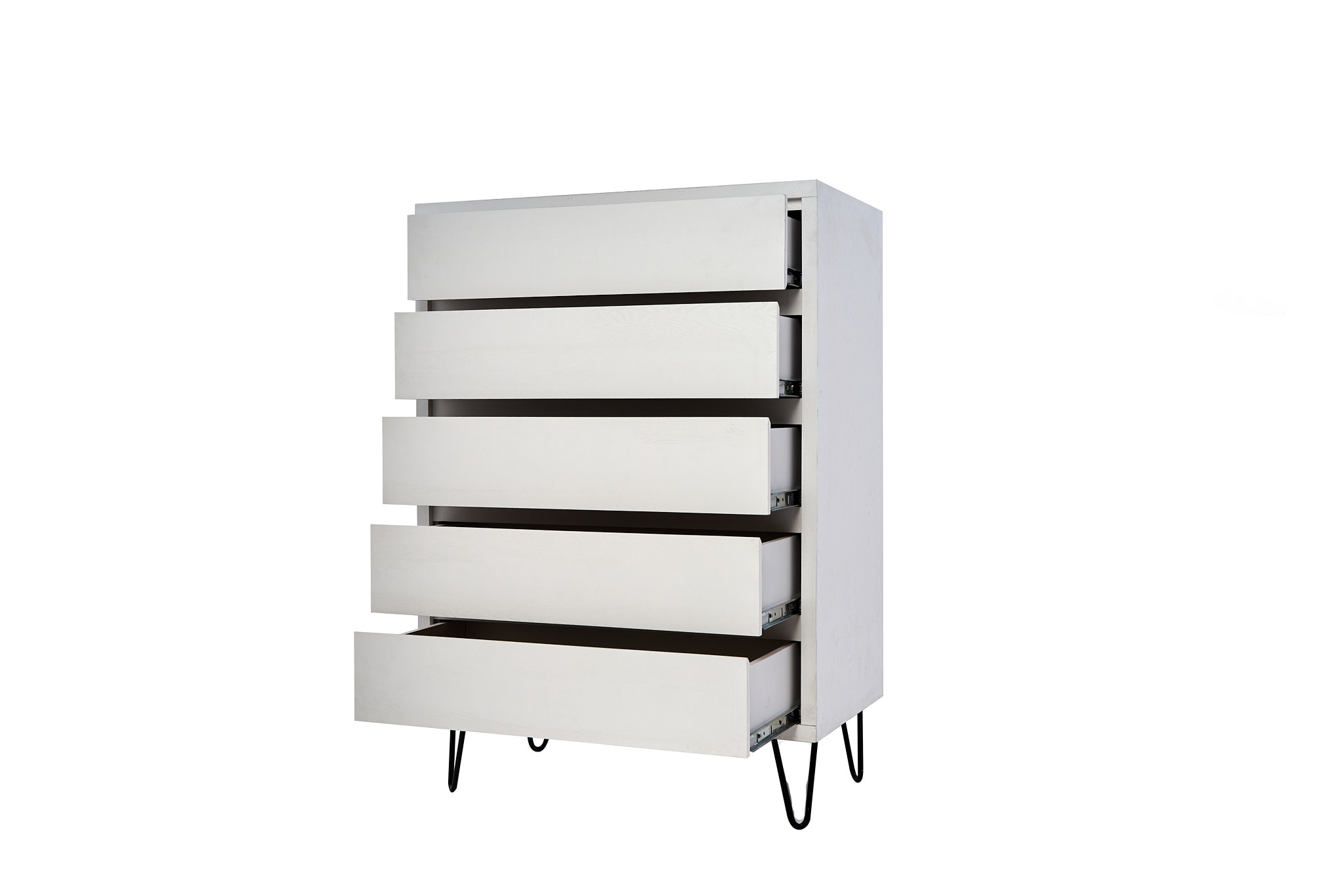 Cajonera Blanca con 5 Cajones. Patas de Metal Negras y Estructura de Madera Industrial