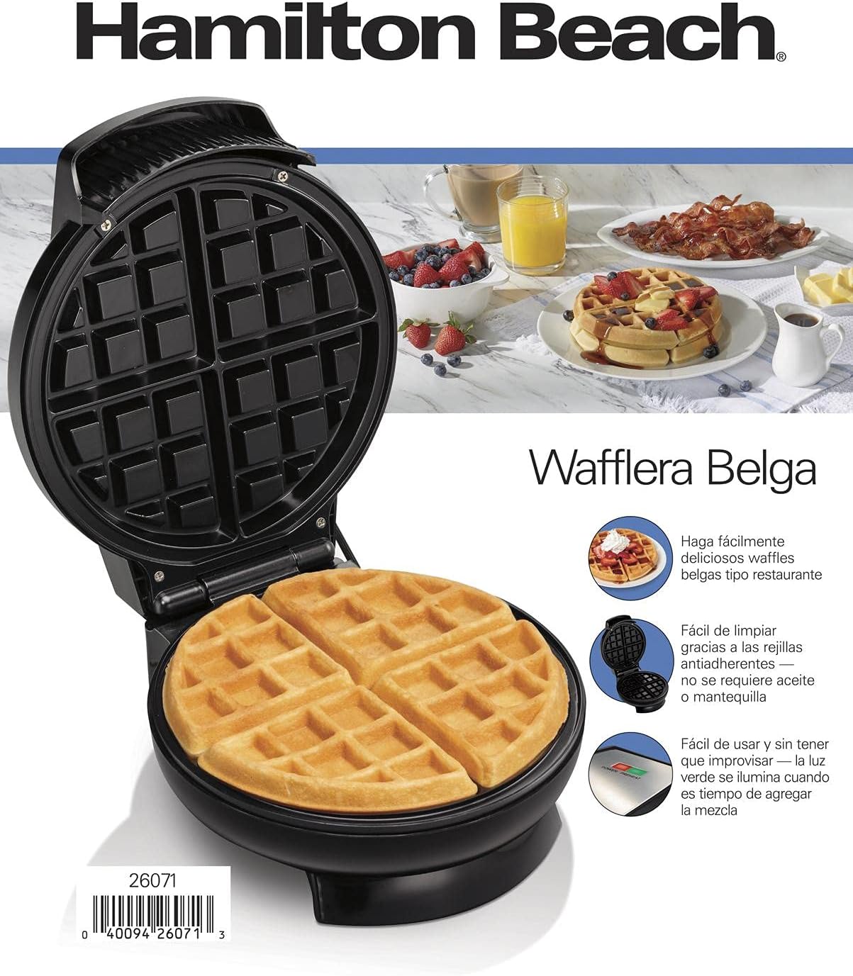 Hamilton Beach Wafflera Eléctrica Belga, Compacta, Color Negro (26071)