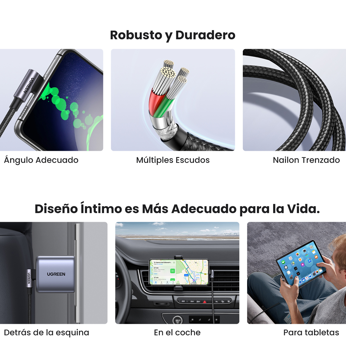 Ugreen Cable Usb C 90 Grados 1m 60w Pd Carga Rápida 20v 3a Color Negro