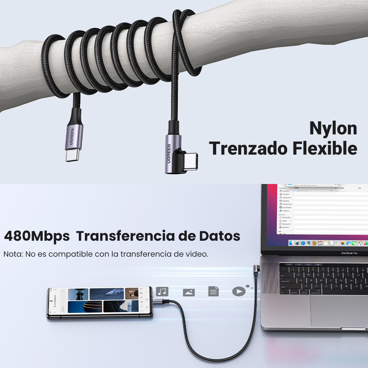 Ugreen Cable Usb C 90 Grados 1m 60w Pd Carga Rápida 20v 3a Color Negro