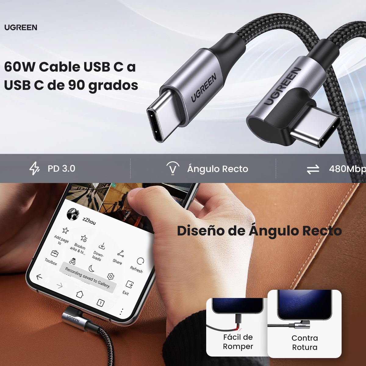 Ugreen Cable Usb C 90 Grados 1m 60w Pd Carga Rápida 20v 3a Color Negro