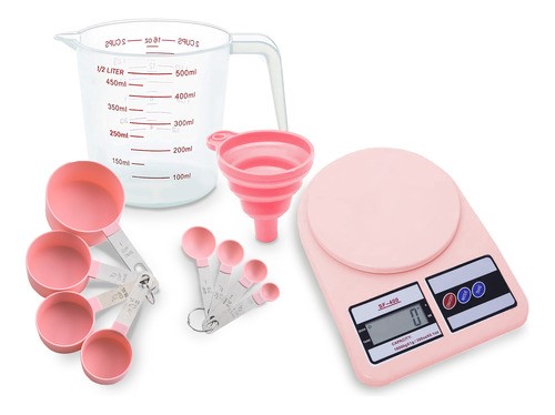 Juego De Cuchara Y Taza Medidora Balanza Electrónica 11 pzs Rosa