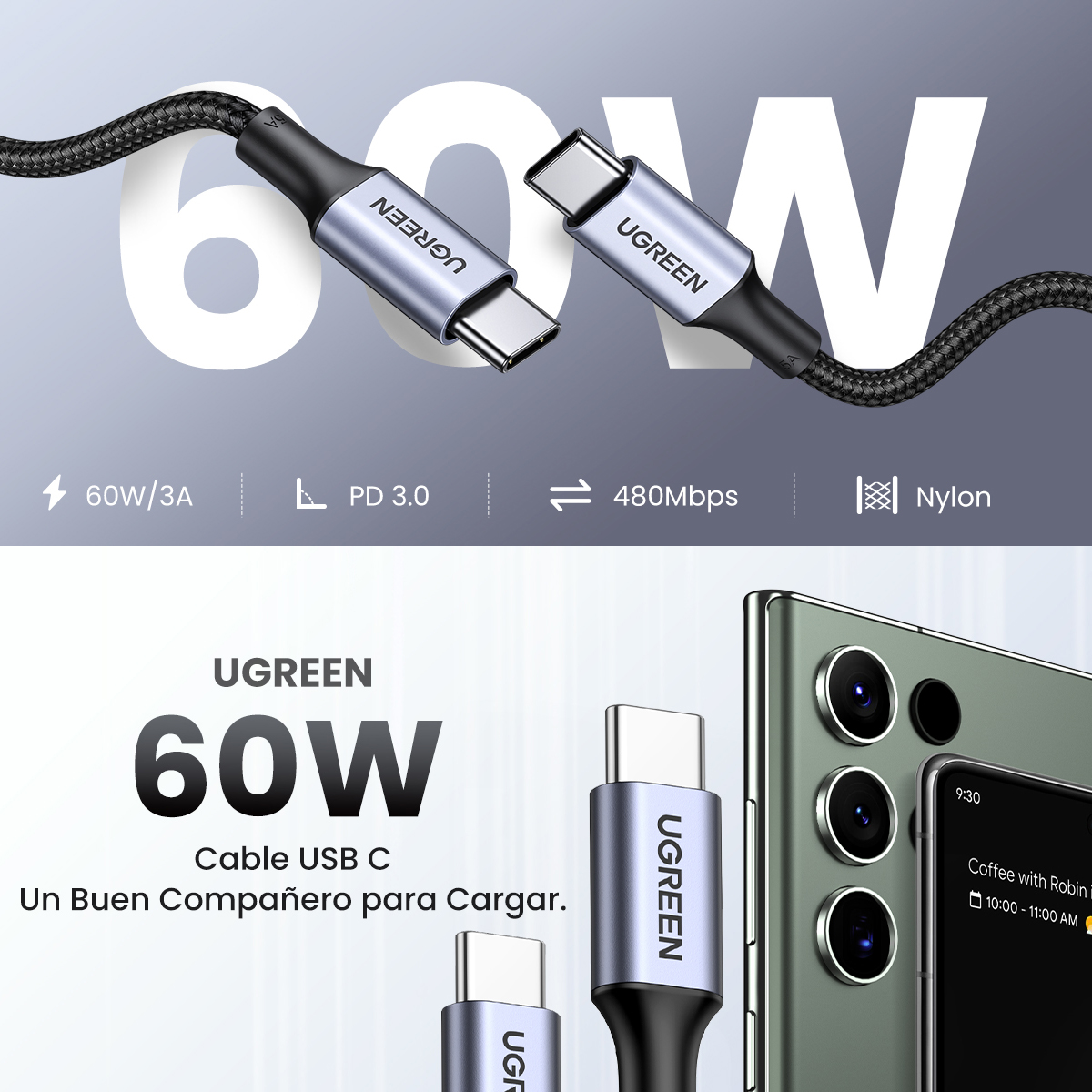 Cable Cargador Ugreen Usb C Carga Rapida Pd 60 W 1m Color Negro