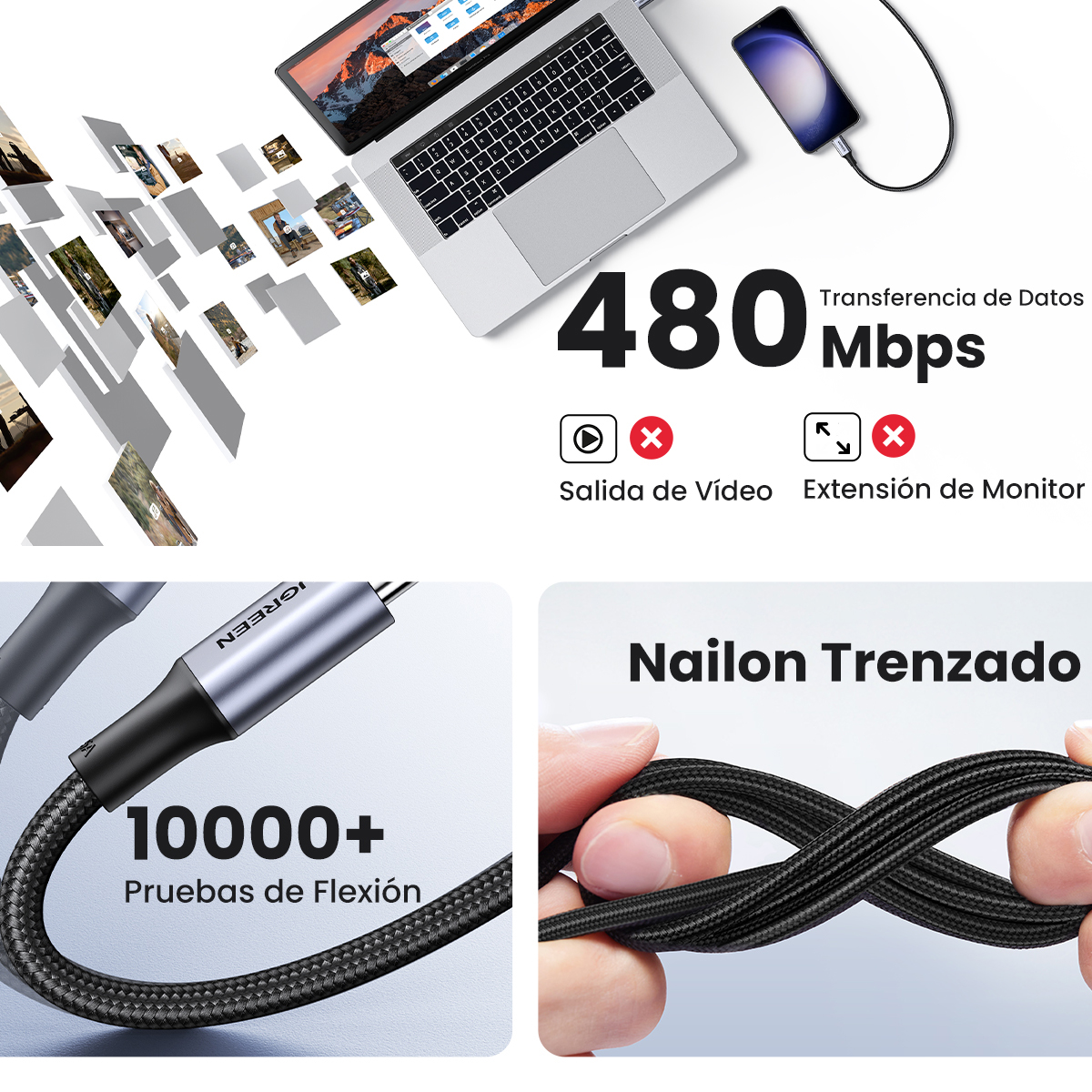 Cable Cargador Ugreen Usb C Carga Rapida Pd 60 W 1m Color Negro