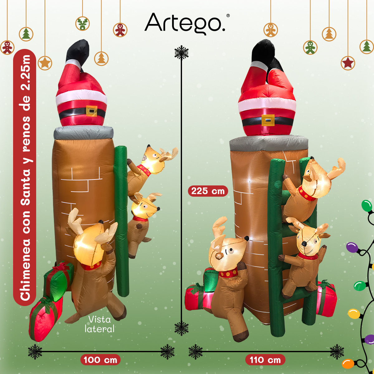 Inflable de Árbol de Navidad Chimenea con santa, renos y regalos * con rotación  * y luces led 2.25m de alto Artego