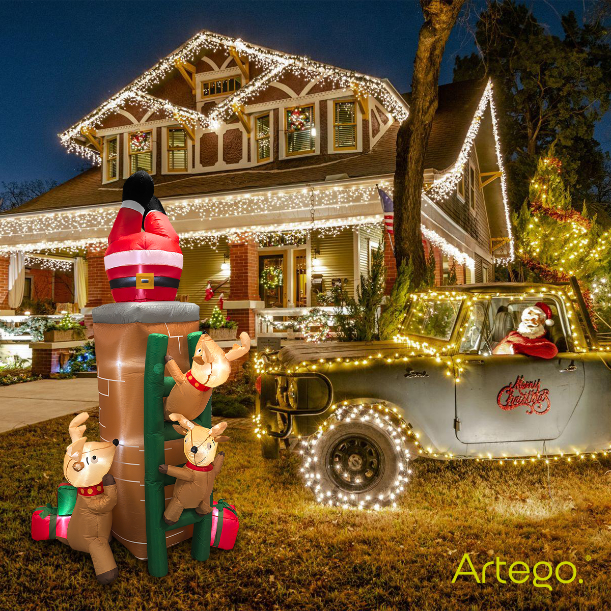 Inflable de Árbol de Navidad Chimenea con santa, renos y regalos * con rotación  * y luces led 2.25m de alto Artego