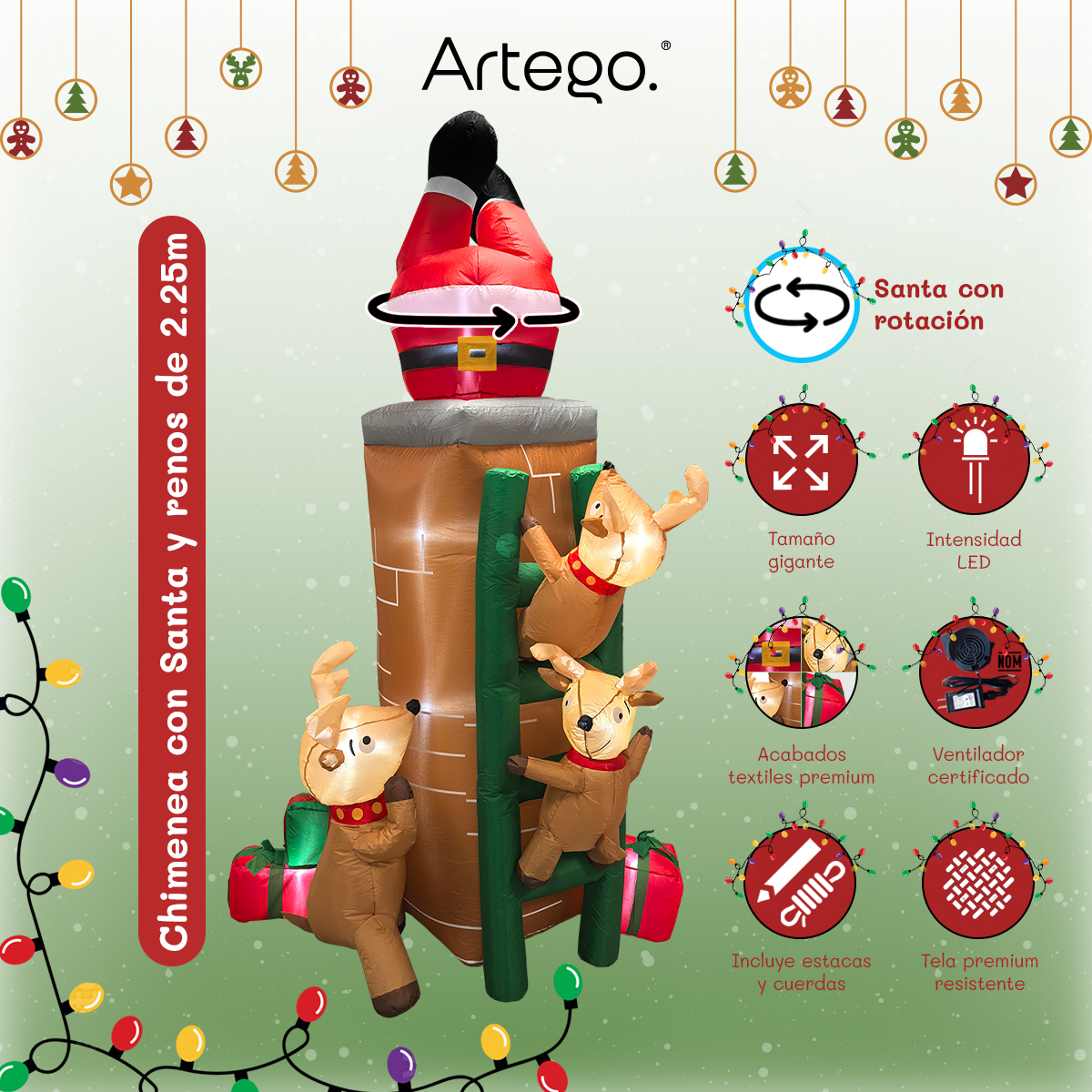 Inflable de Árbol de Navidad Chimenea con santa, renos y regalos * con rotación  * y luces led 2.25m de alto Artego