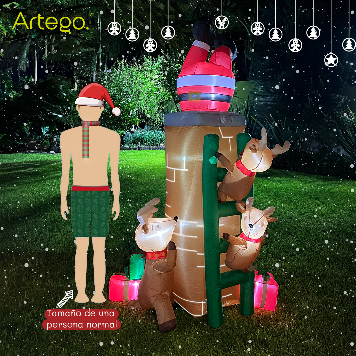 Inflable de Árbol de Navidad Chimenea con santa, renos y regalos * con rotación  * y luces led 2.25m de alto Artego