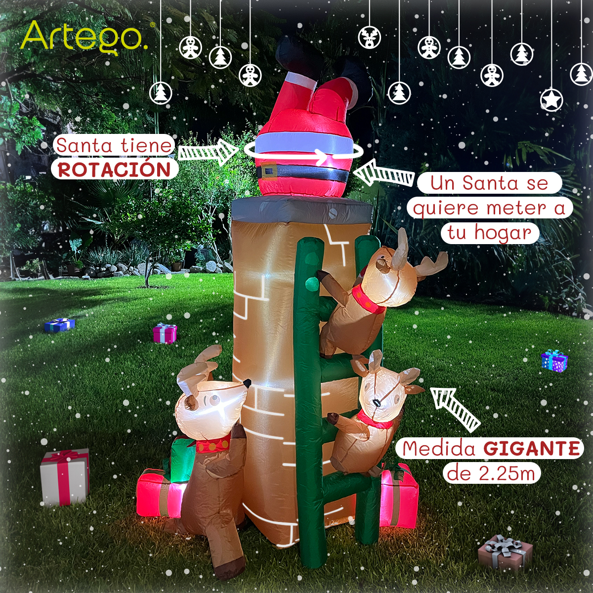 Inflable de Árbol de Navidad Chimenea con santa, renos y regalos * con rotación  * y luces led 2.25m de alto Artego